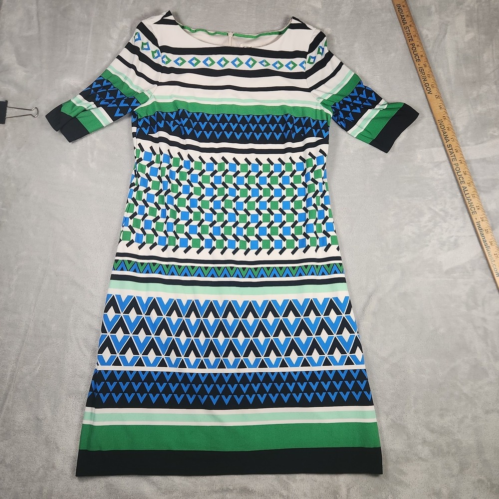Eliza J Womens 8 Shift Dress Blue Green Cream Geometric Striped Cocktail Work